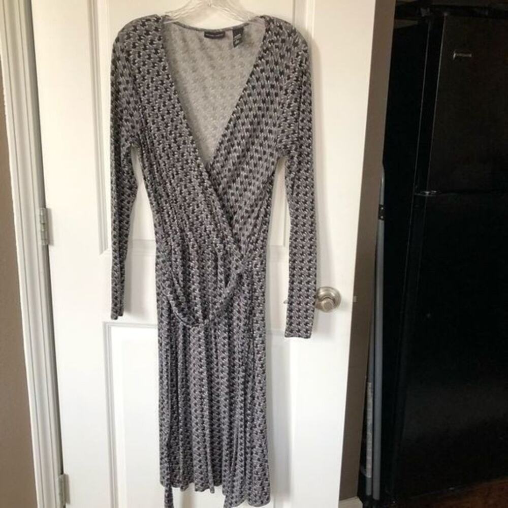 NEW YORK AND CO Midi Dress Womens L Black Gray Houndstooth Print Office Business
